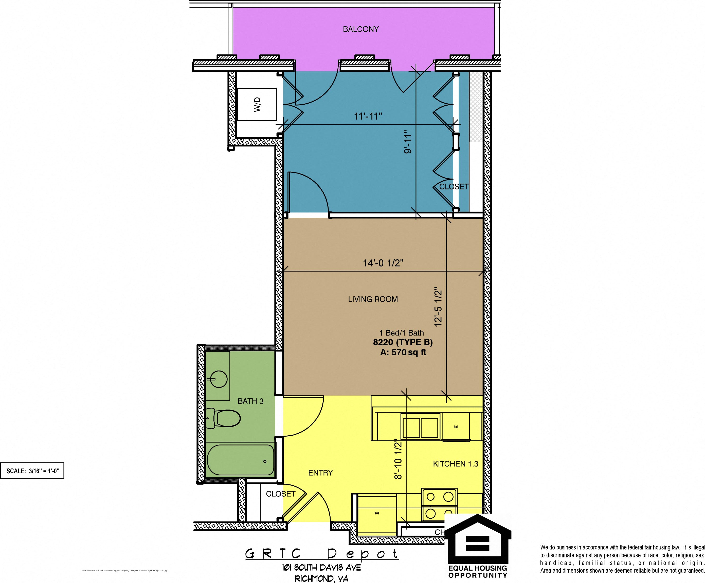 Floor plan for 1 bed, 1 bath, 570 sqft